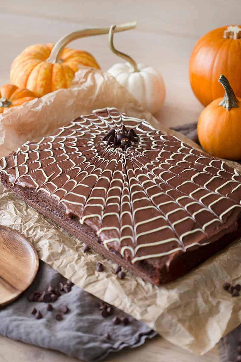 A photo of a chocolate spider web cake with a chocolate spider on top.