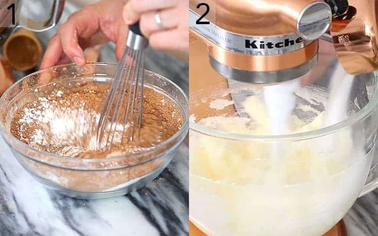 Two photos for the batter for chocolate cookies being made