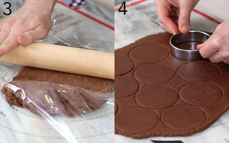Chocolate cookie dough getting rolled out and cut in circles for witch hats.