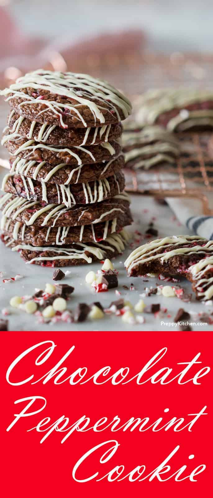 These delicious chocolate cookies with white chocolate drizzle and crushed peppermint are the perfect way to spread holiday cheer!