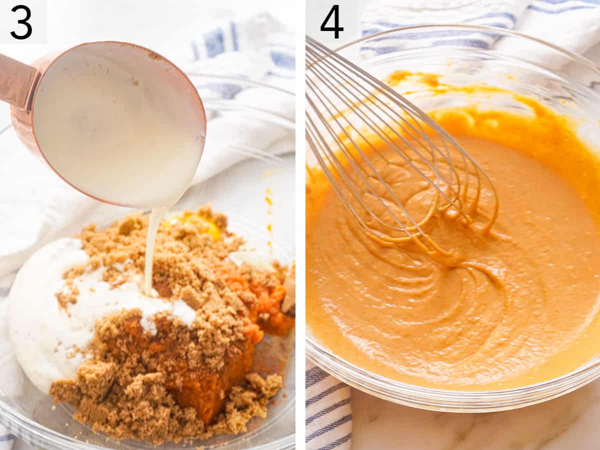Set of two photos showing evaporated milk added to the bowl and the filling whisked together.