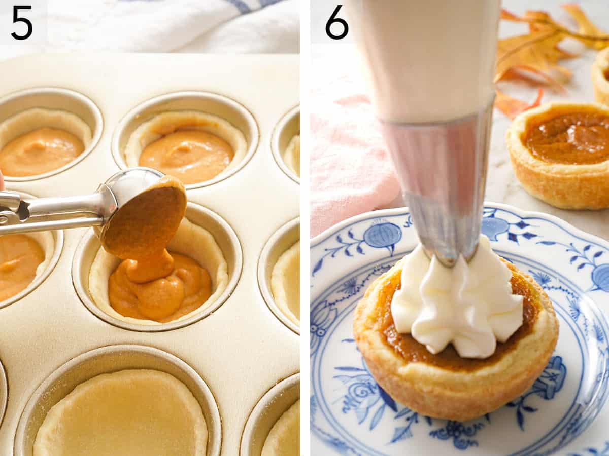 Set of two photos showing filling added to the pie crusts in the muffin tie then the baked goods topped with whipped cream.