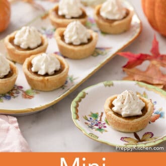 Mini pumpkin pies on porcelain serving ware.