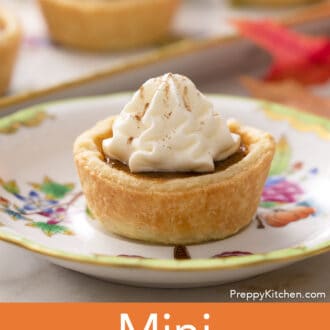 A mini pumpkin pie topped with a dollop of whipped cream on a porcelain plate.
