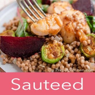 A pinterest graphic of sauteed scallops with cous cous