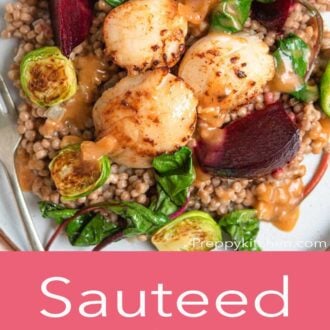 A pinterest graphic of sauteed scallops with cous cous