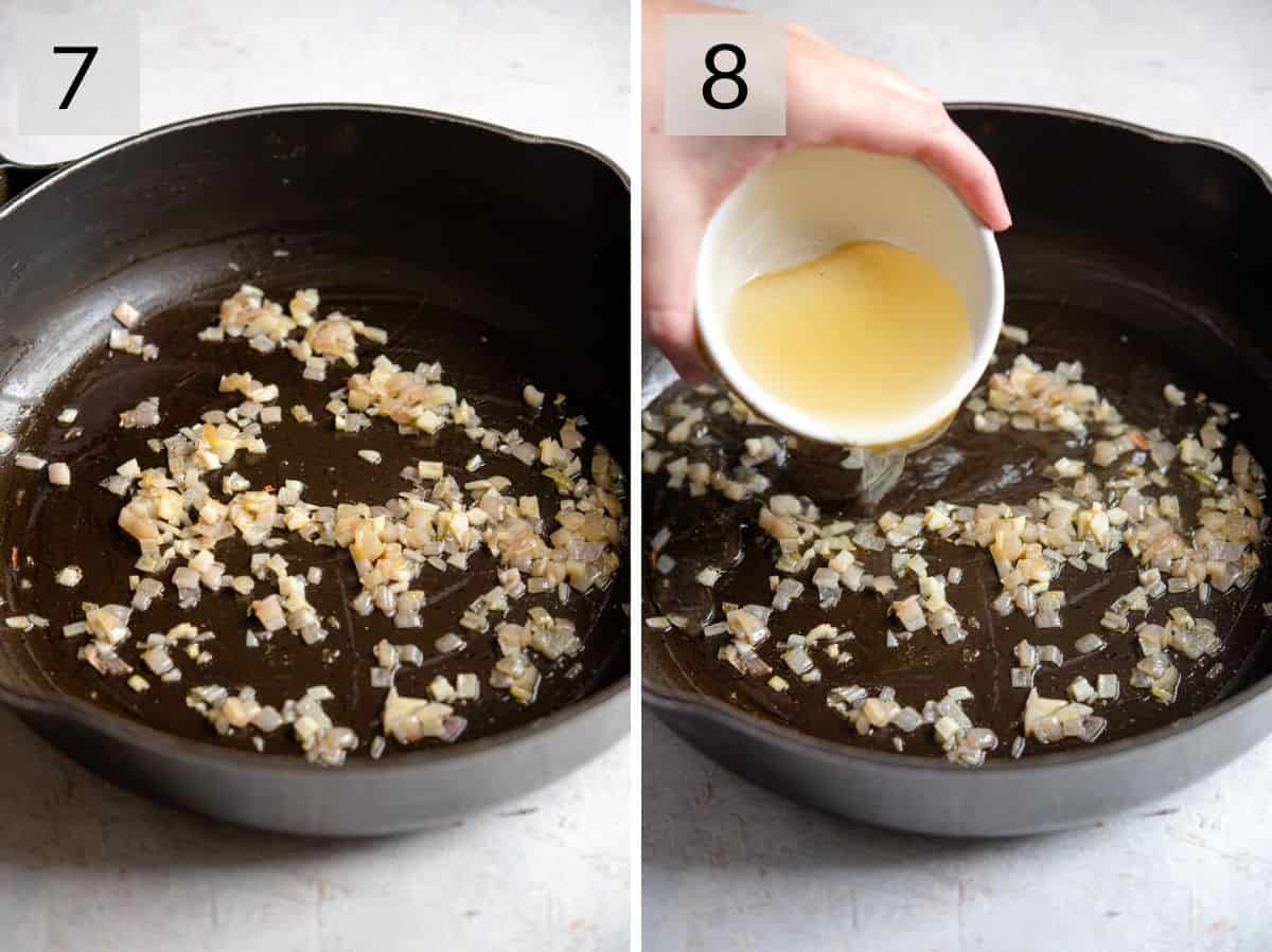 Two photos showing how to saute shallow and garlic