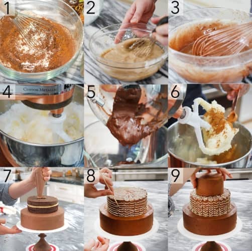 A photo showing steps on how to make a Mexican hot chocolate cake.