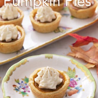 Homemade mini pumpkin pies on porcelain serving ware.