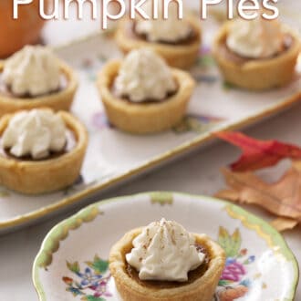 Mini pumpkin pies topped with whipped cream.