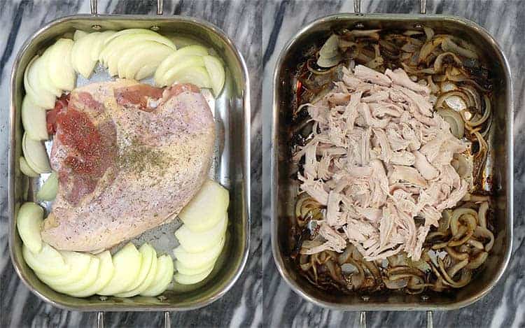 A turkey breadt with onions before and after baking.