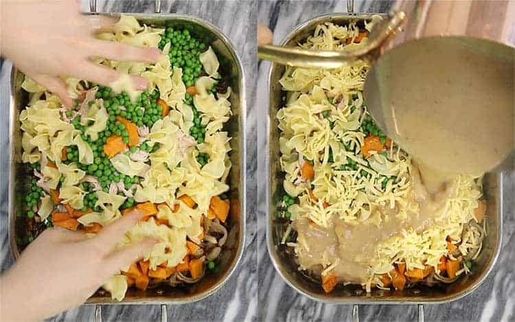 A turkey casserole getting assembled with sauce.