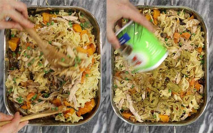 Turkey casserole getting fried onions placed on top