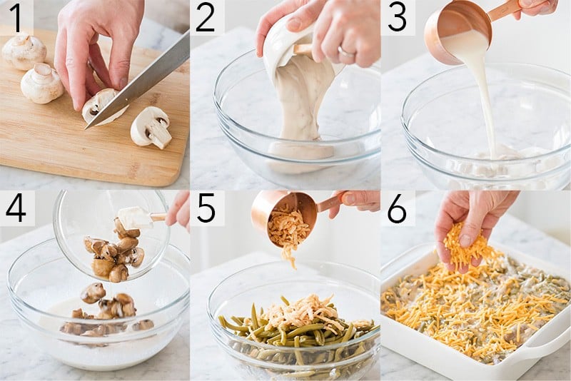 A photo showing steps on how to make a green bean casserole.