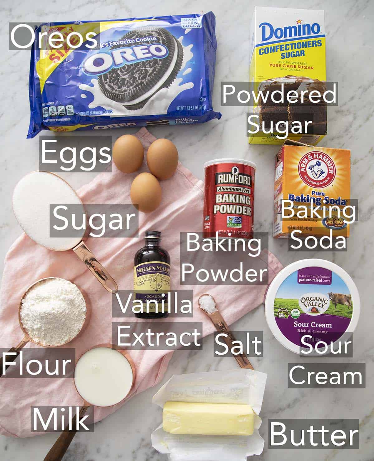 Ingredients for Oreo Cupcakes on a counter.