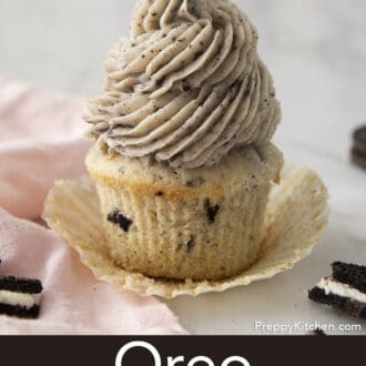 oreo cupcake with oreo frosting on an opened wrapper