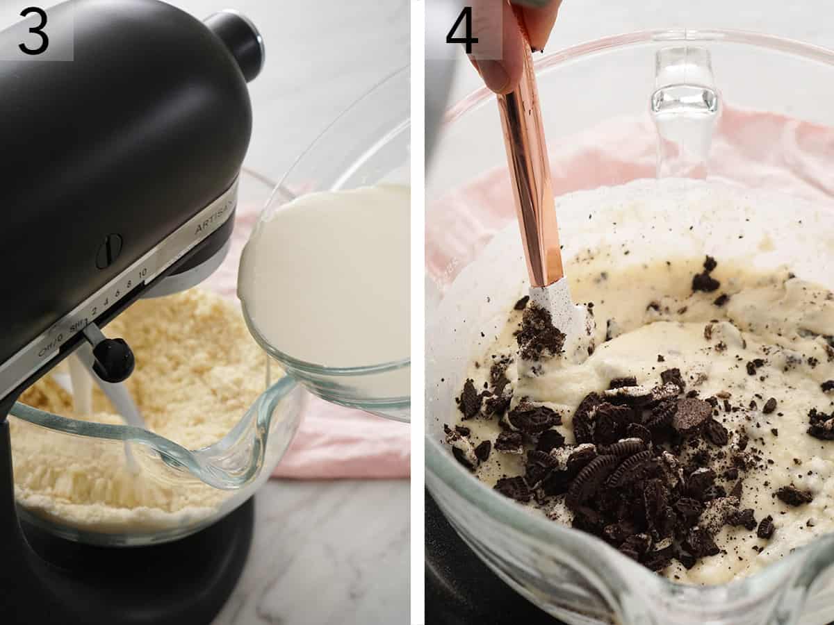 Crushed Oreos getting folded into cupcake batter. 