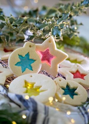A photo of Stained glass cookies lit with small lights from behind