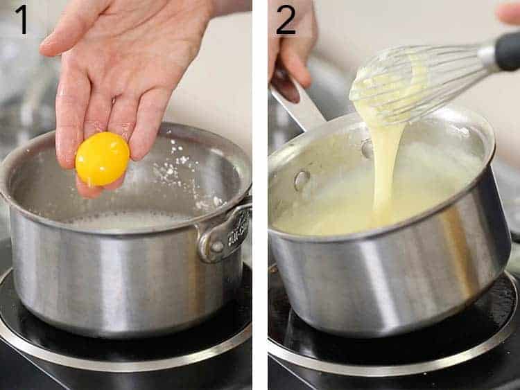 Vanilla pudding being made in a pot for eggnog cake.