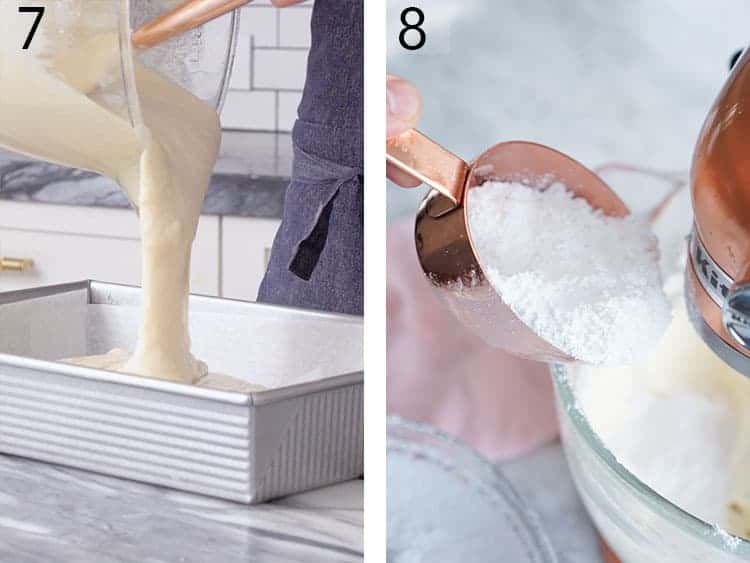Eggnog cake batter getting poured into a pan.