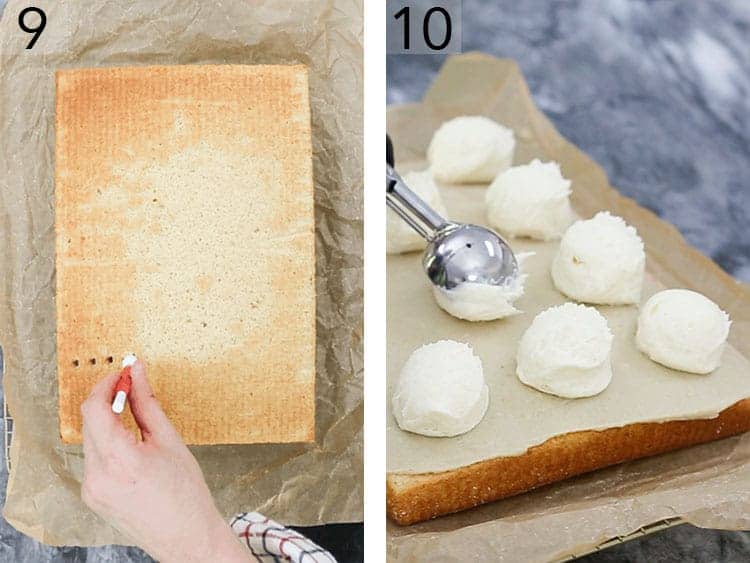 Eggnog cake getting topped with buttercream.