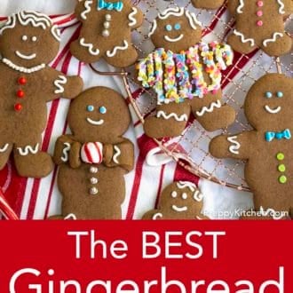 Pinterest graphic of decorated gingerbread cookies on a cooling rack.