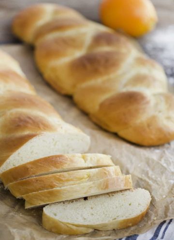 A photo of sliced Tsoureki Greek Braided Bread.