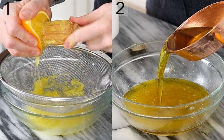 An orange being juiced into a bowl and combined with olive oil.