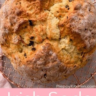Pinterest graphic of the overhead view of a loaf of Irish soda bread.