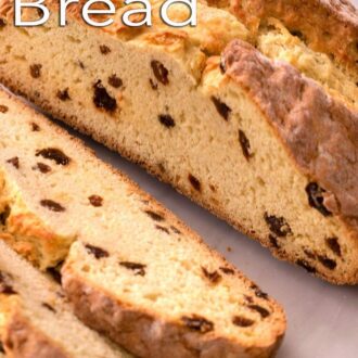 Pinterest graphic of a loaf of Irish soda bread, sliced.