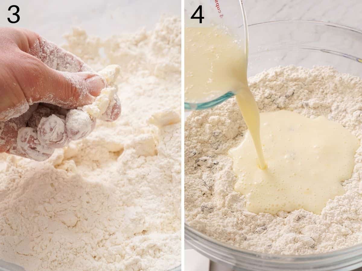 Set of two photos showing butter combined to the dry ingredients then combined with wet ingredients.