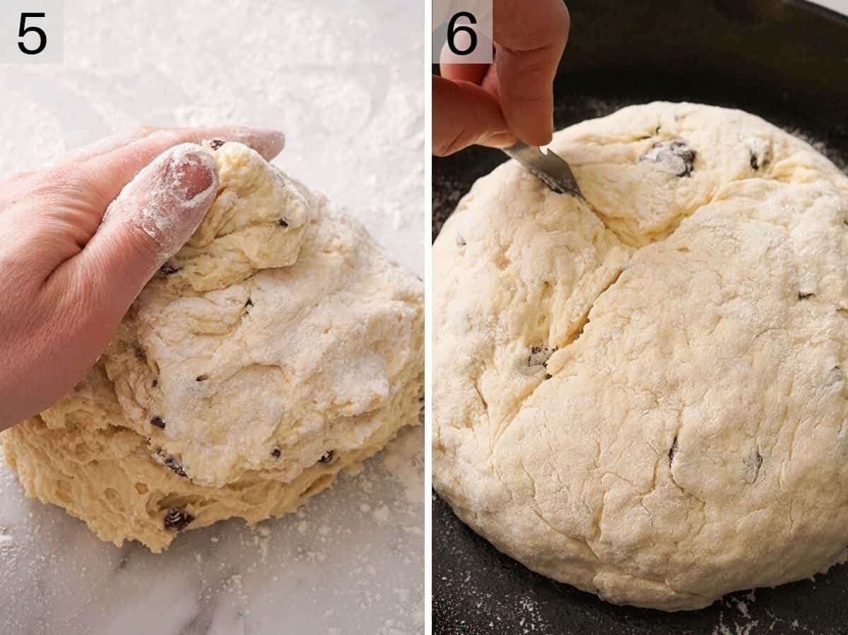 Set of two photos showing dough kneaded and scored with a blade.
