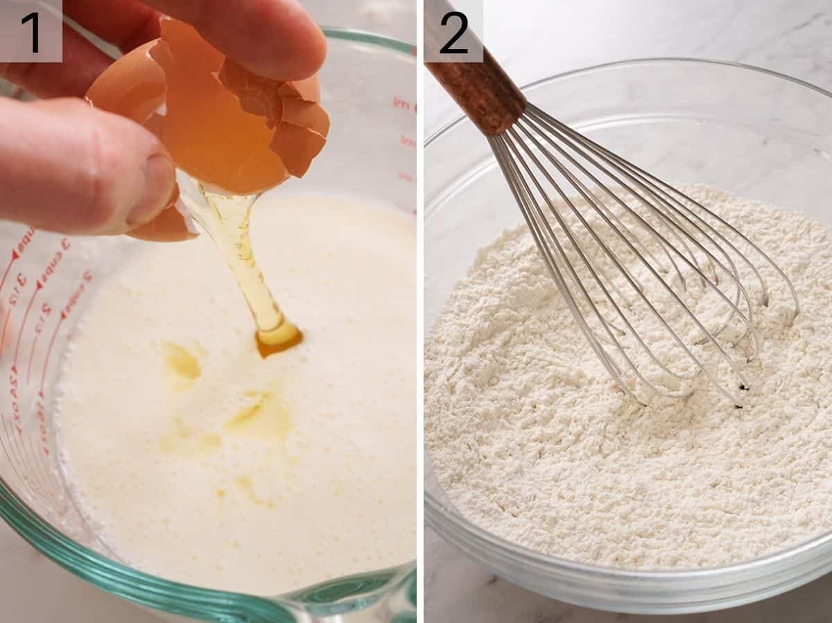 Set of two photos showing eggs added to the wet ingredients and dry ingredients whisked.