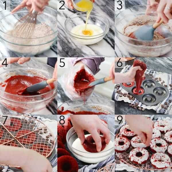 A photo grid showing the steps to make red velvet donuts