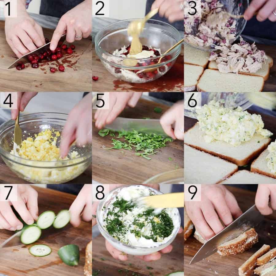 A photo collage showing how to make English tea sandwiches
