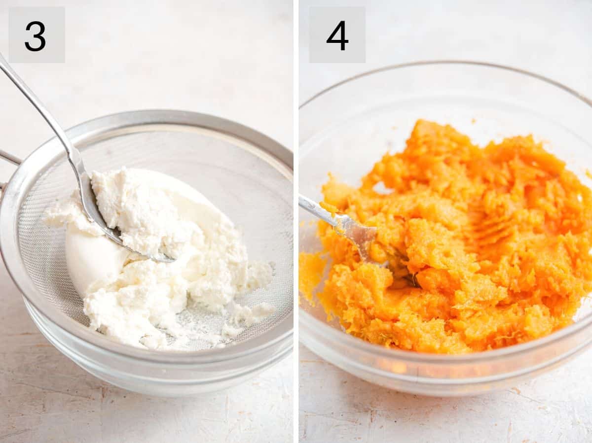 Two photos showing how to drain ricotta and mash sweet potatoes