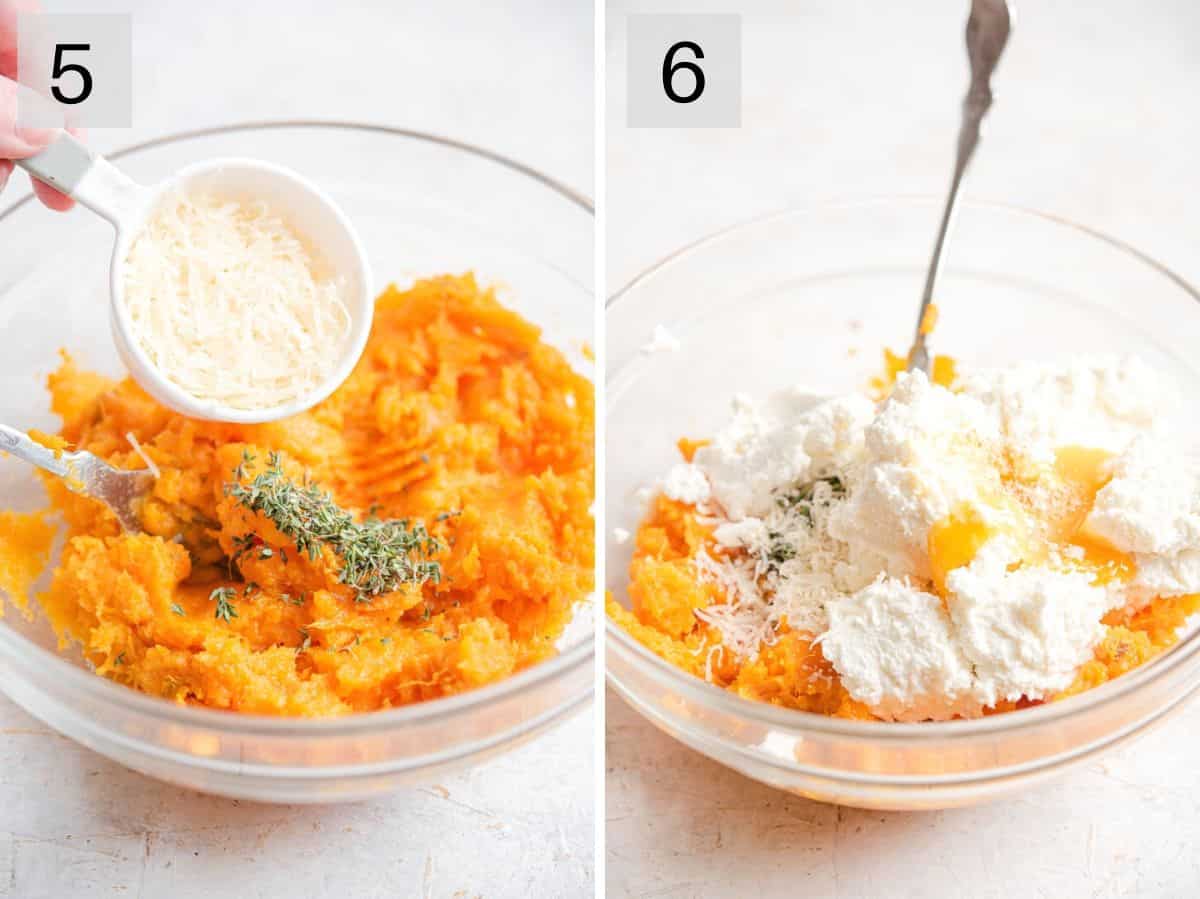 Two photos showing how to make a a sweet potato gnocchi batter