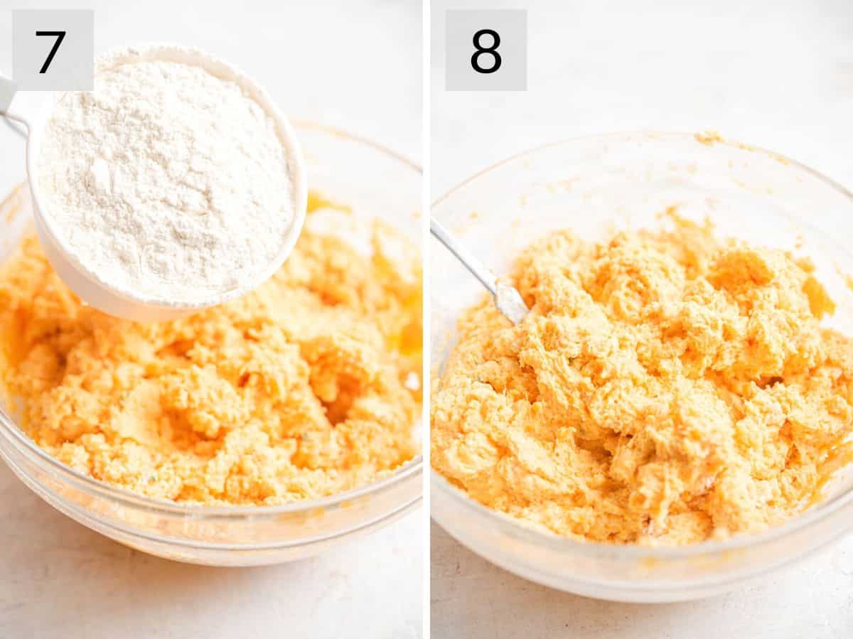 Two photos showing how to add flour to a gnocchi mixture