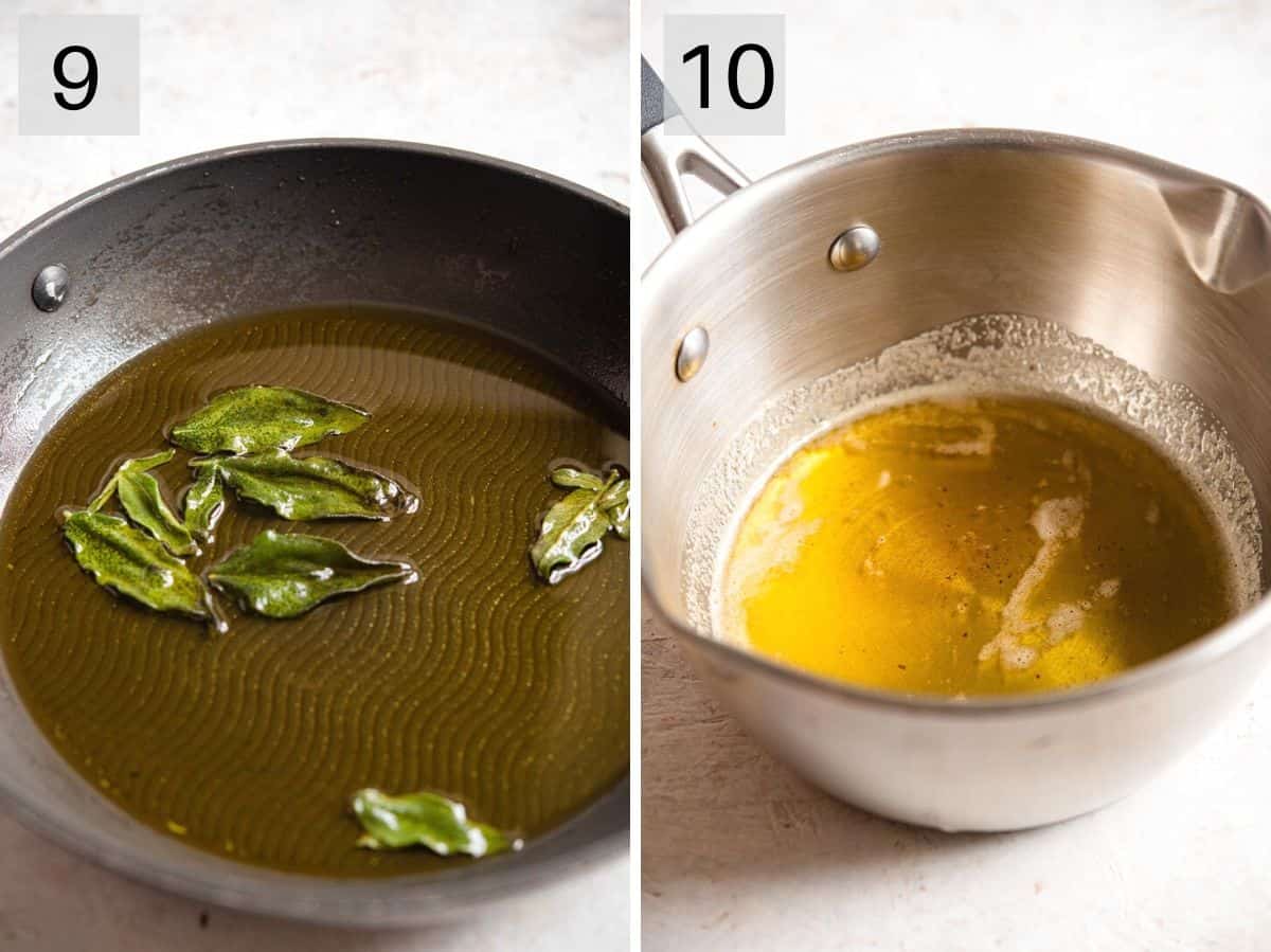 Two photos showing what fried sage and brown butter sauce looks like
