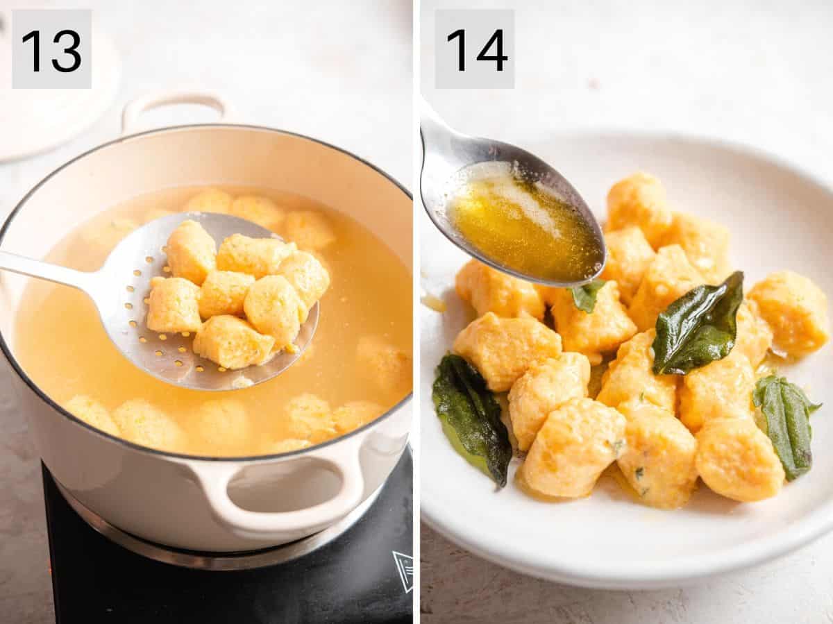 Two photos showing how to drain and toss gnocchi with sauce