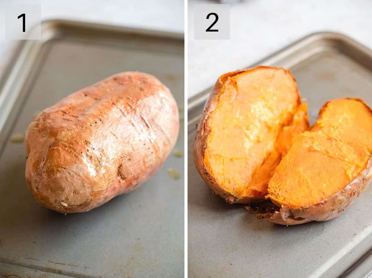 Two photos showing a sweet potato before and after cooking