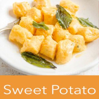A pinterest graphic of a side shot of sweet potato gnocchi in a bowl