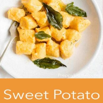 A pinterest graphic of sweet potato gnocchi in a bowl with sage