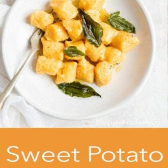 A pinterest graphic of sweet potato gnocchi in a bowl