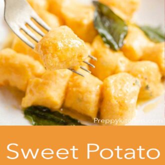A pinterest graphic of sweet potato gnocchi on a fork