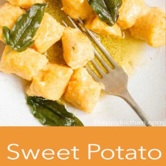 A pinterest graphic of sweet potato gnocchi with butter and sage