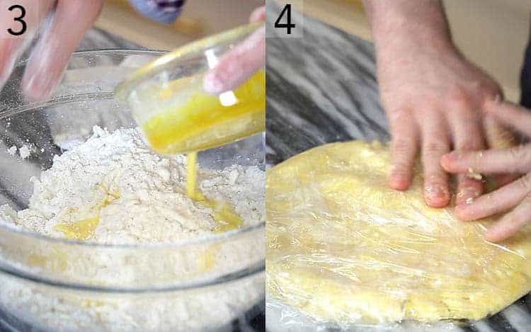 Two photos showing pastry dough being mixed and wrapped to chill.