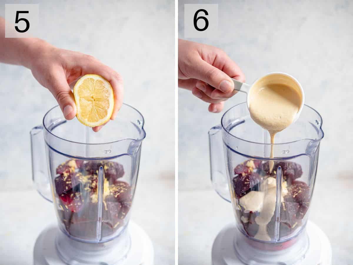 Two photos showing how to add lemon juice and tahini to a blender