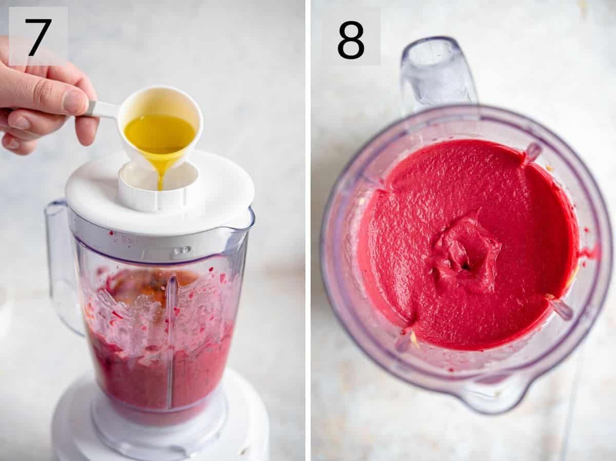 Two photos showing how to blend hummus until smooth and creamy