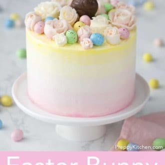 3 layered strawberry easter cake with flowers and bunny